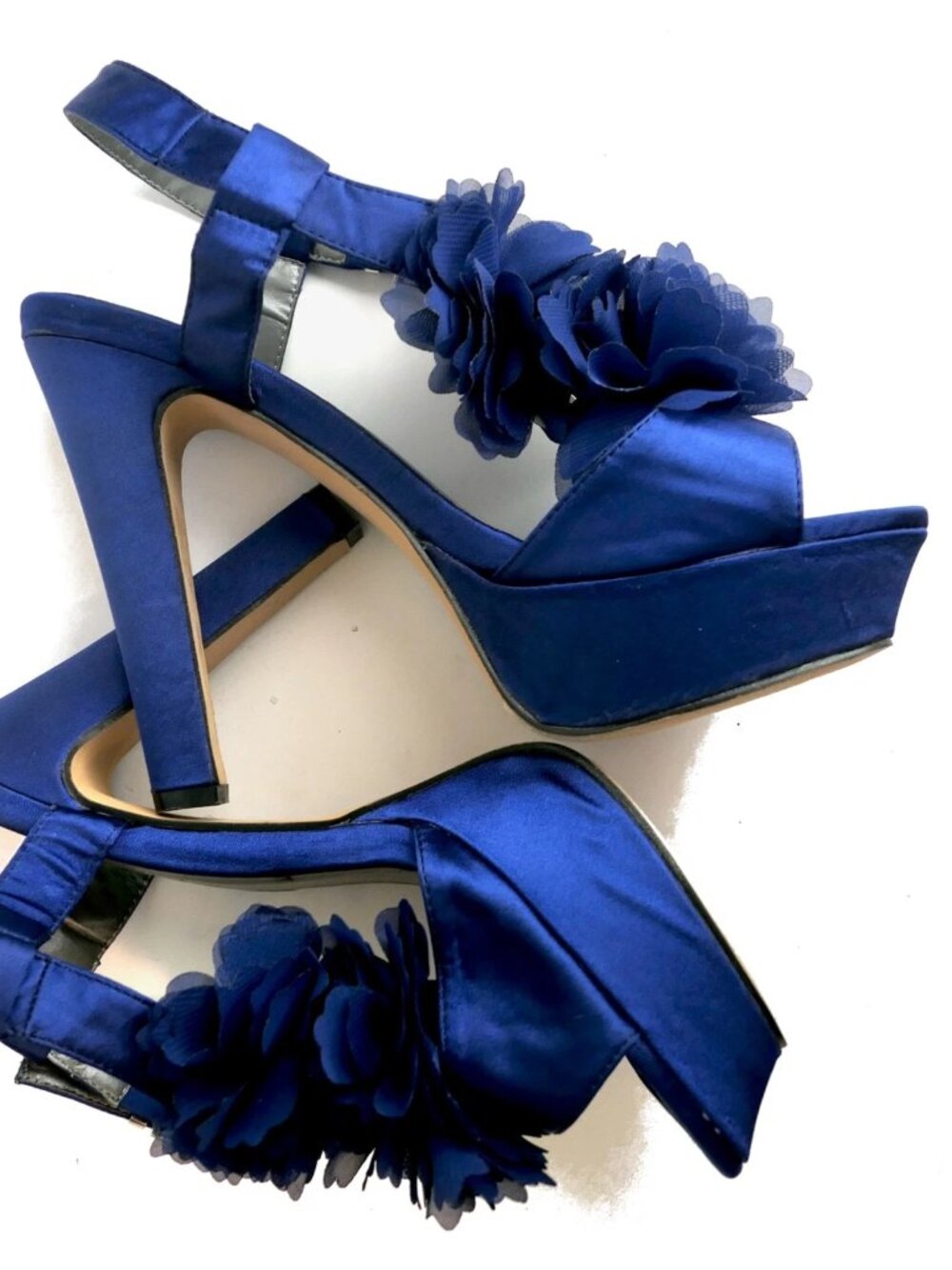 Madden Girl Navy Satin Flower-Embellished Platform Heels